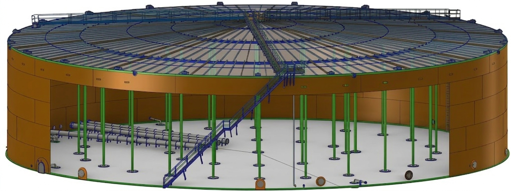 Tank engineering infographic showing a blueprint transitioning into a 3D storage tank model