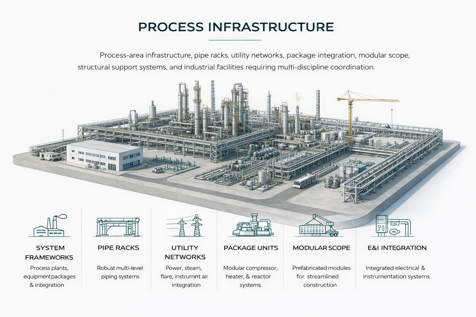 Process infrastructure infographic showing pipe racks, utility networks, package units, modular scope, and E and I integration