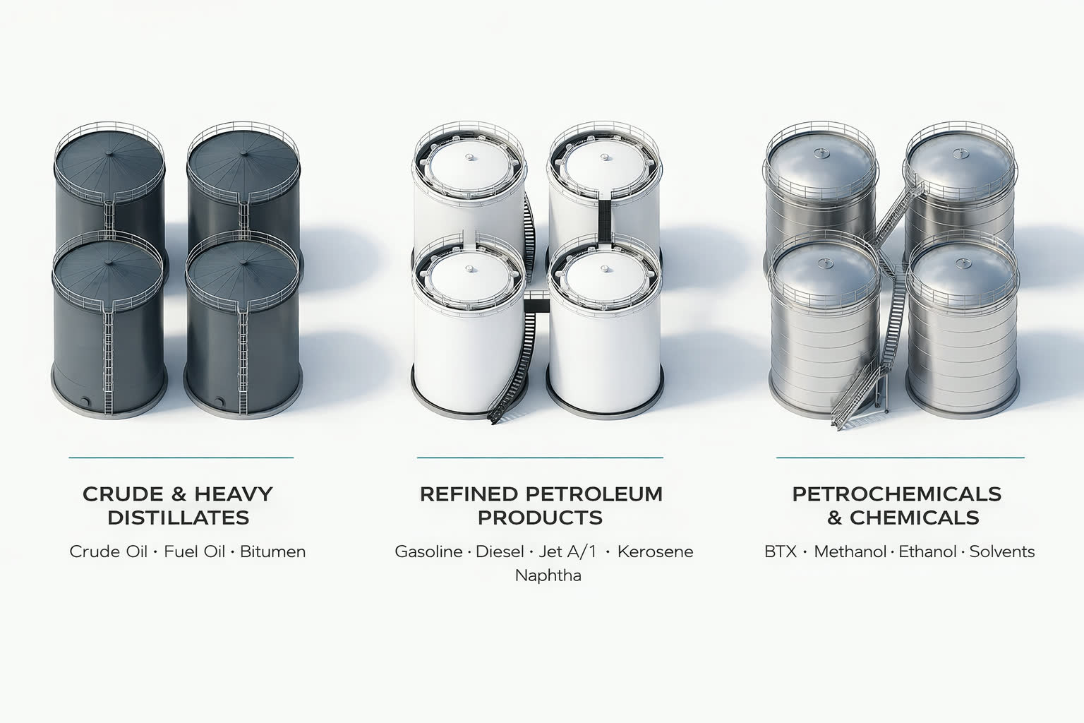 Storage tank infographic grouped by crude and heavy distillates, refined petroleum products, and petrochemicals and chemicals