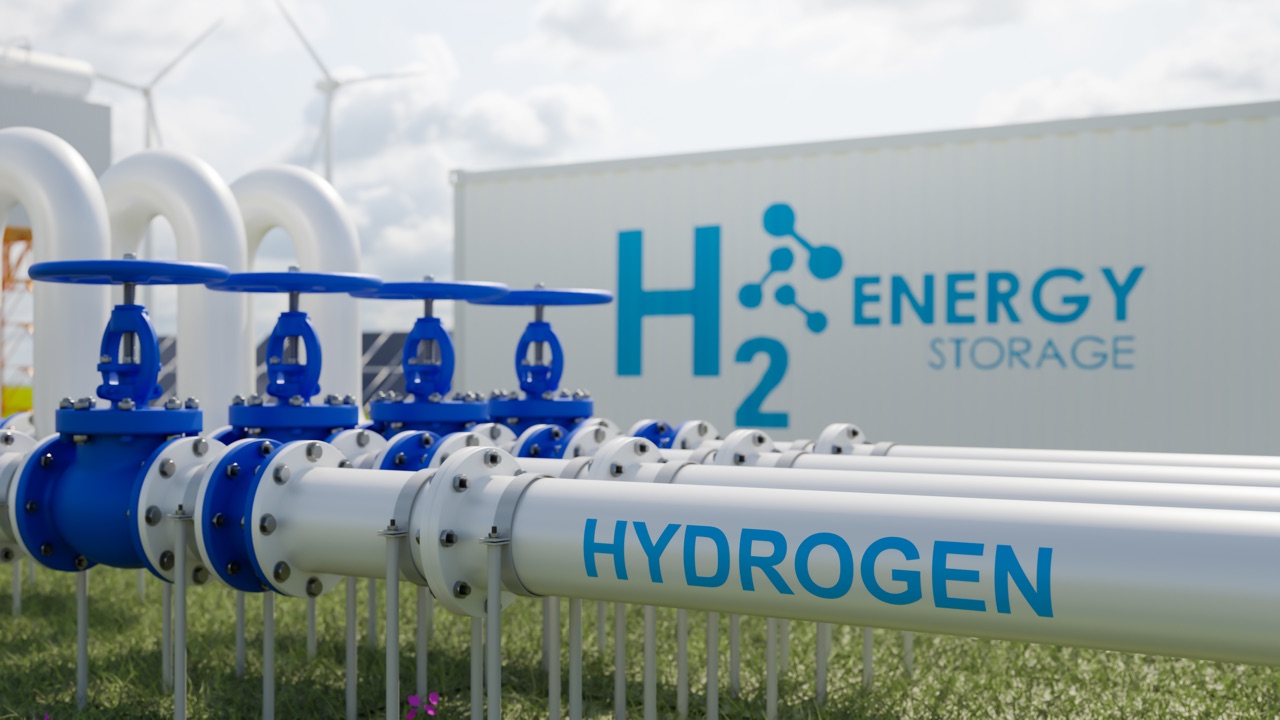Hydrogen storage installation with pipelines, valves and wind turbines