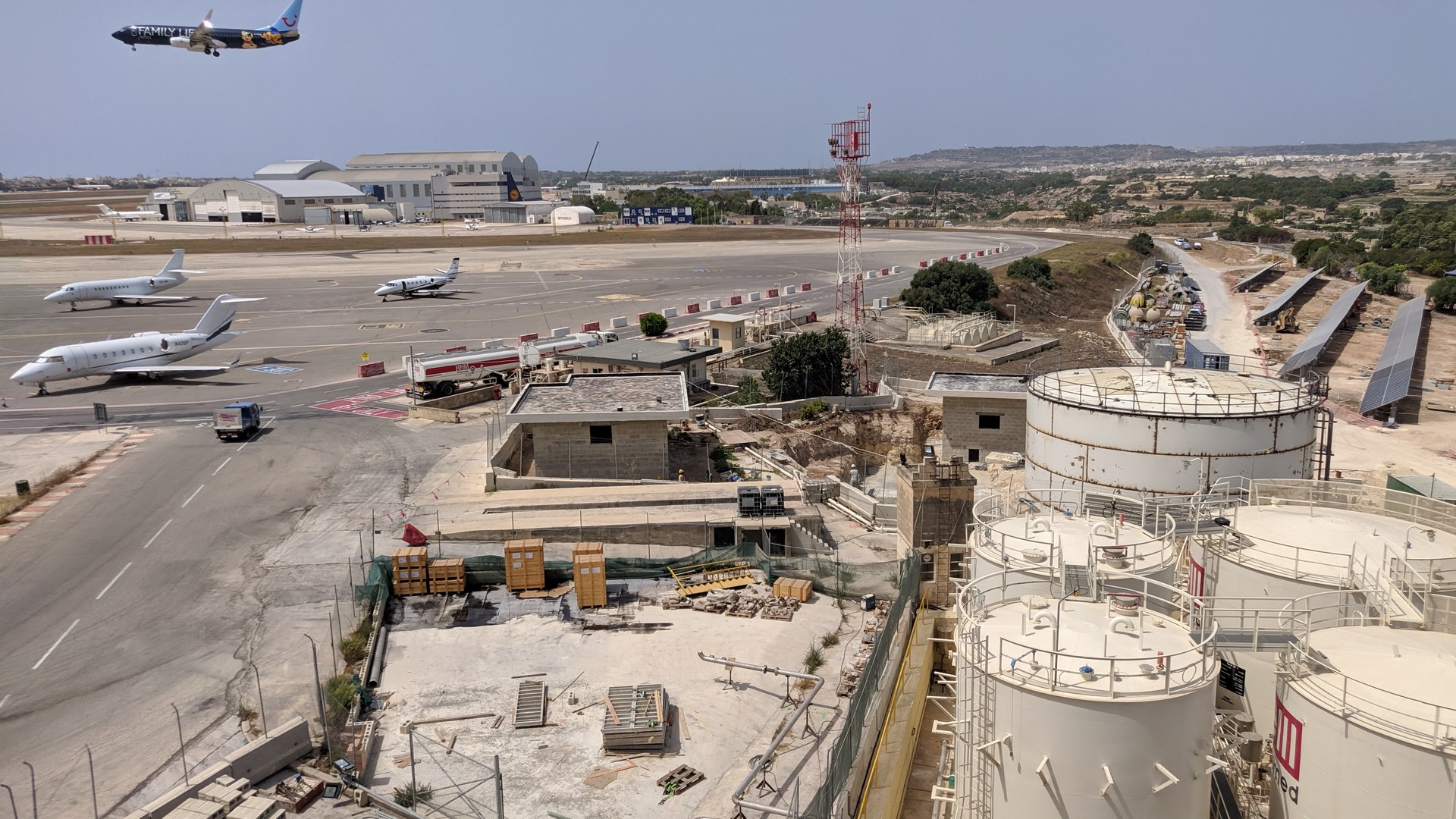 Malta International Airport with the Jet A-1 fuel facility and storage tanks in the foreground