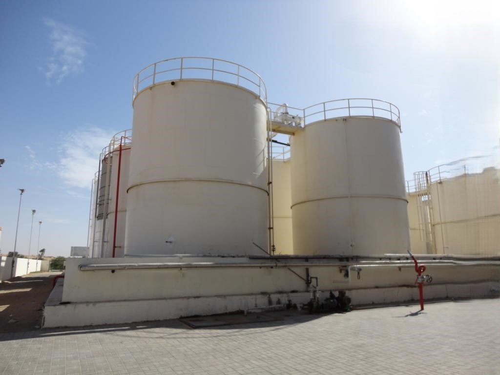 Storage tanks at the Oil-Tech modular refinery in Umm Al Quwain