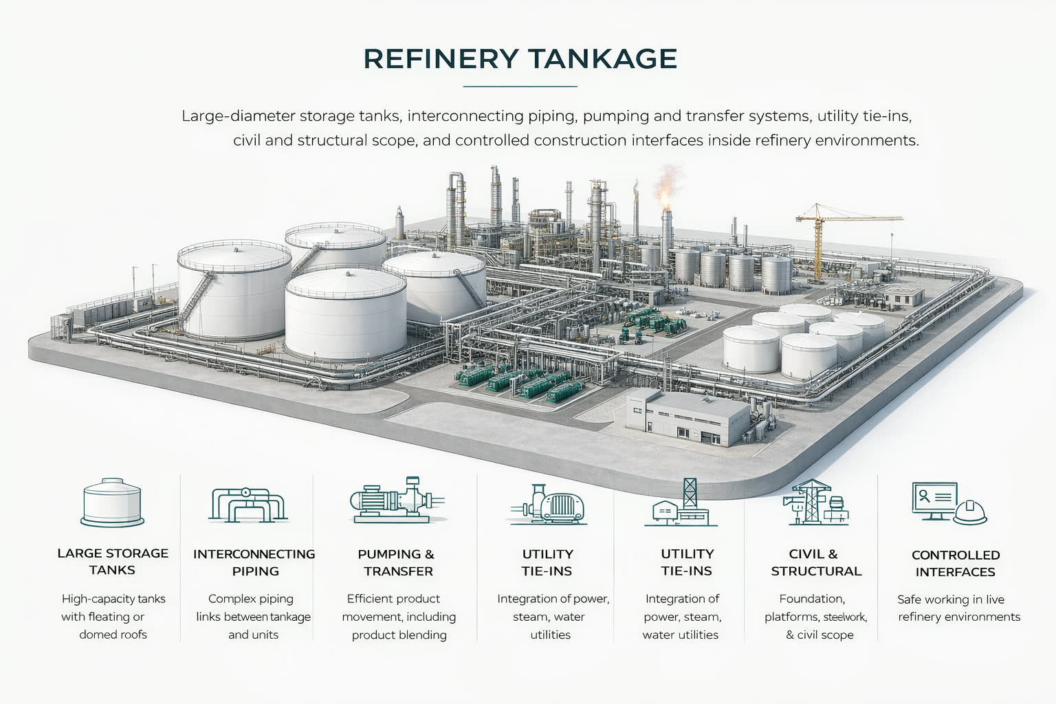 Refinery tankage infographic showing large storage tanks, interconnecting piping, utilities, and refinery integration scope