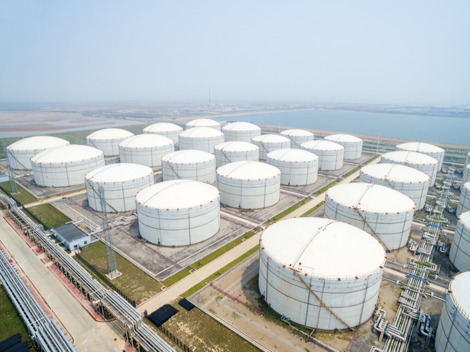 Aerial view of a large oil storage terminal