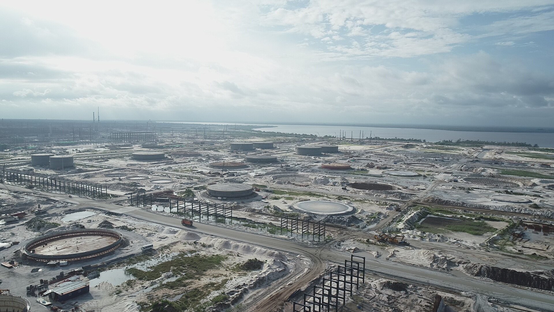 Aerial view of Dangote Refinery tankage development beside the Lagos waterfront